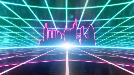 Retro-80er-VHS-Kassette-Videospiel-Intro-Landschaft-Vektor-Arcade-Wireframe-Stadt-4k